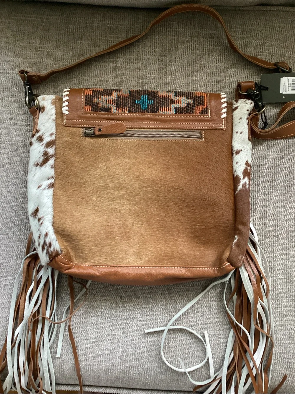Myra Bag Boho Chic Style Leather & Hairon Bag Fringed Aztec Weaved Upcycled